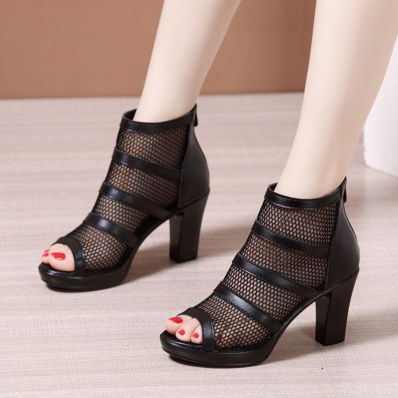 Fashion High-heeled thick-heeled sandals for women 2025 summer new versatile mesh fish-mouth shoes waterproof platform hollow Roman
