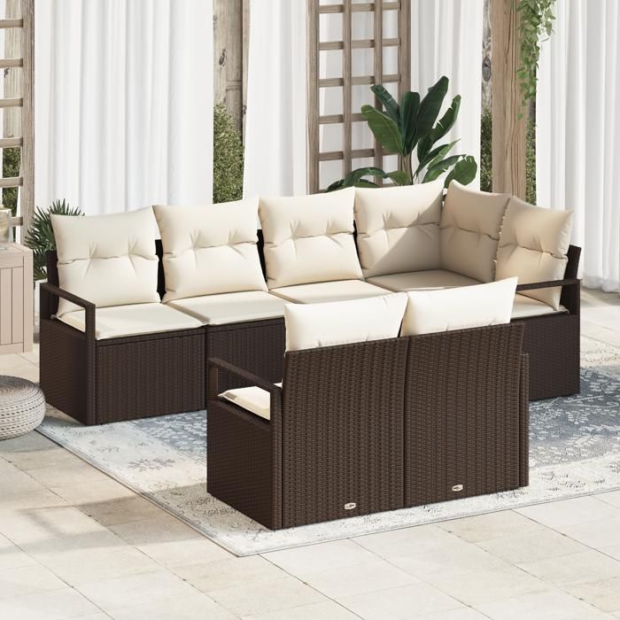 Ensemble de canapé de jardin vidaXL 7 pièces avec coussins Marron Poly Rattan, Canapé de jardin 2 places vidaXL 3346418