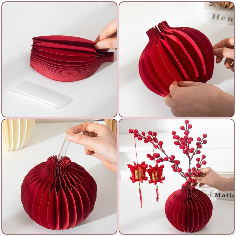 3D Paper Honeycomb Vase 2026 New Year Decoration Reusable Table Centerpieces Red Decorative Vase Wedding Christmas Party Decor