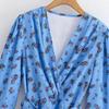 Spring-Summer V-Neck Floral Blue Dress for Women - Long Sleeve, Belted, Slim Fit