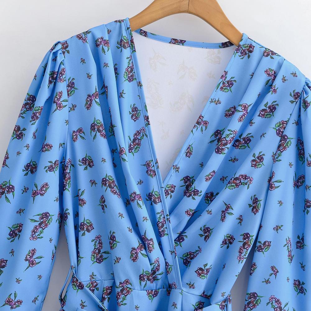 Spring-Summer V-Neck Floral Blue Dress for Women - Long Sleeve, Belted, Slim Fit