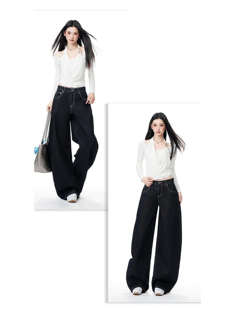 Women's Non-Sticky Wide-Leg Jeans: Spring Loose, Curved Style, Slim-Fit Pants