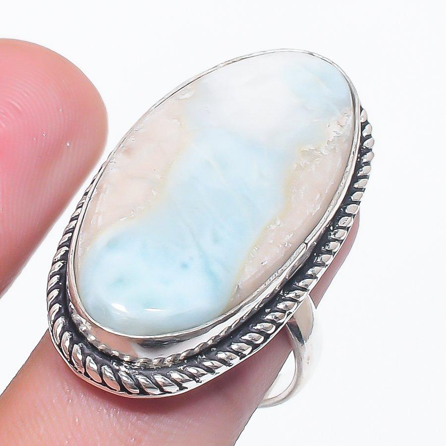 

Natural Larimar Gemstone Handmade 925 Sterling Silver Jewelry Ring Size 8 AR-15898