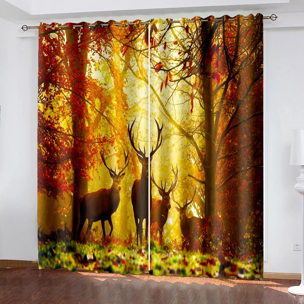 3D Curtain Tree Scenery for Bedroom, Autumn Forest Sunset Print, Light Curtain, Essential Polyester, 2 Panels