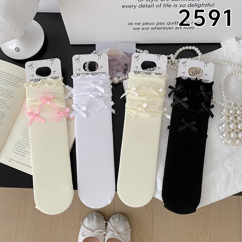 Ballet-style Dui Dui Socks for Women Spring and Summer, Thin Bow-shaped Black Ear-trimmed Mid-calf Socks