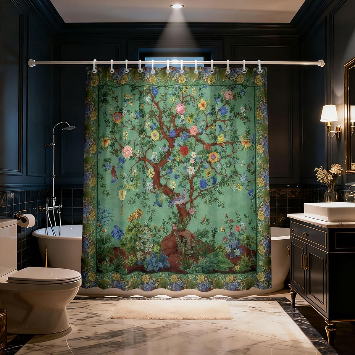 Dunika Chen Tree Of Life Shower Curtain Colorful Floral Birds Print Waterproof Fabric Boho Bathroom Decor With Hooks