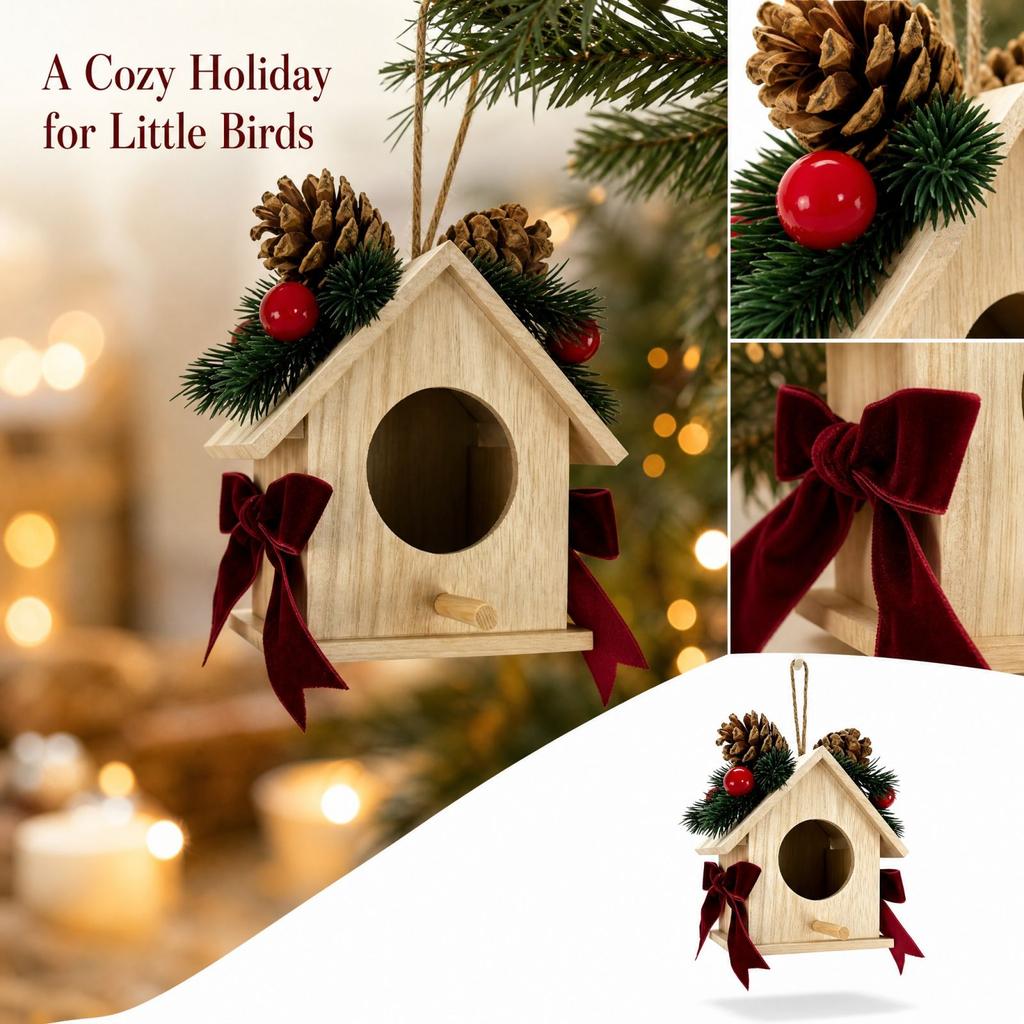 Wooden Christmas Pinecone Birdhouse Hanging Ornament Bird for Holiday Tree Decoration