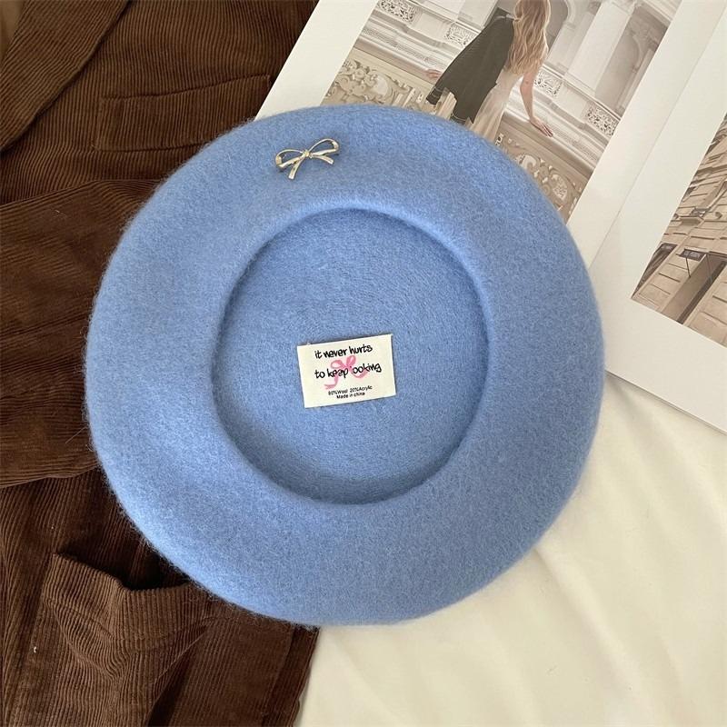 Bow Wool Beret for Women Japanese Style Sweet and Versatile Temperament Retro Fashion Painter Hat Trend