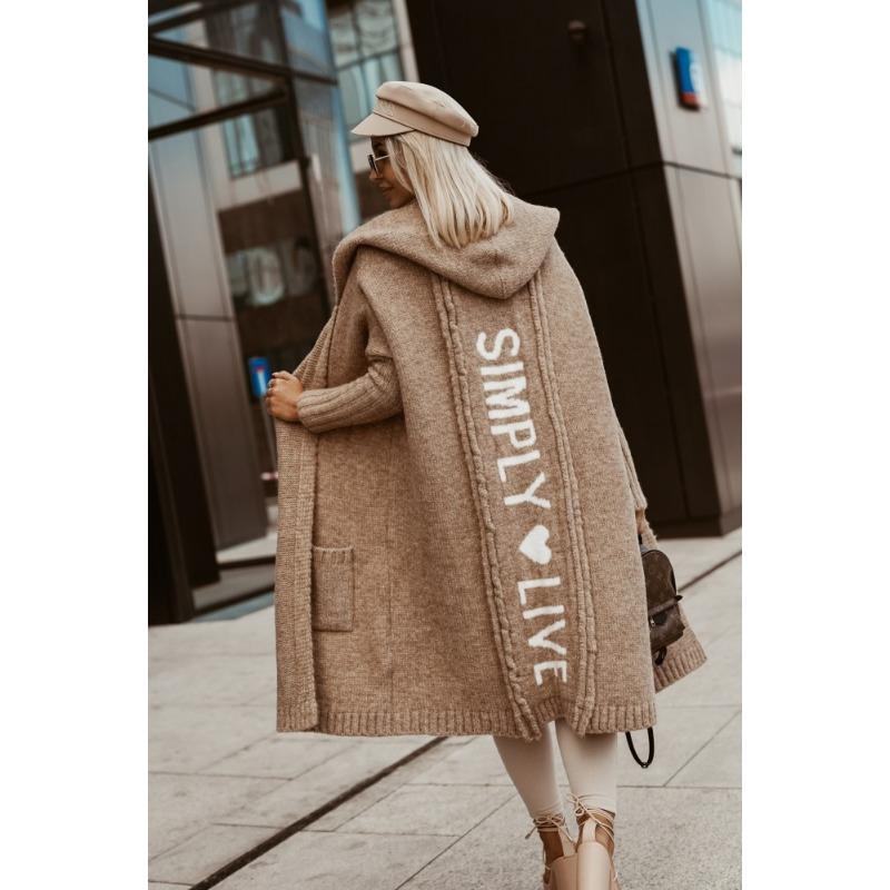 Autumn and Winter Women's Sweater Cardigan Lapel Hooded Long Letter Loose No Buttons Knit Cardigan
