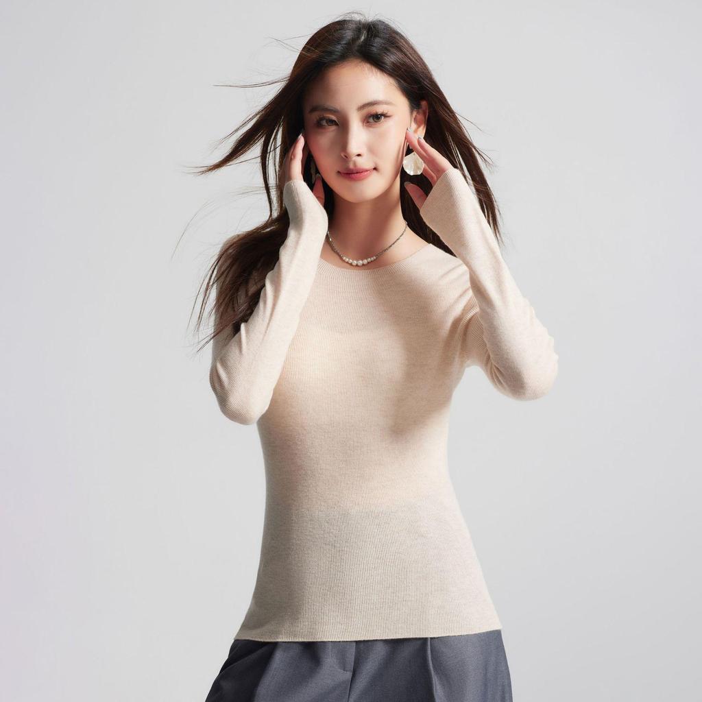 Machine Washable Women's Seamless 100% Pure Wool Round Neck Knit Sweater, 60 Count, 18 Gauge, Autumn Base Layer