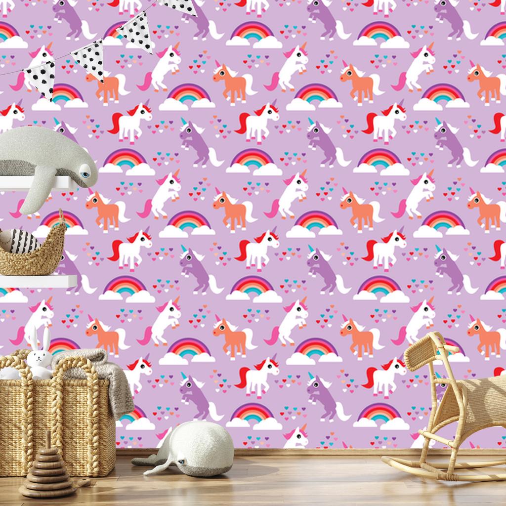Unicorns Rainbow Hearts Wallpaper for Living Room and Bedroom 50x1000