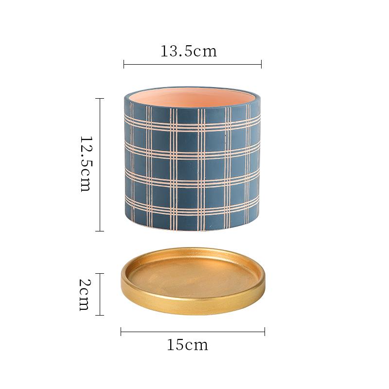 Nordic Stripe Plaid Pattern Ceramic Flower Pot Indoor Vintage Flower Plant Potted with Saucer Vase Living Room Office Flower Pot