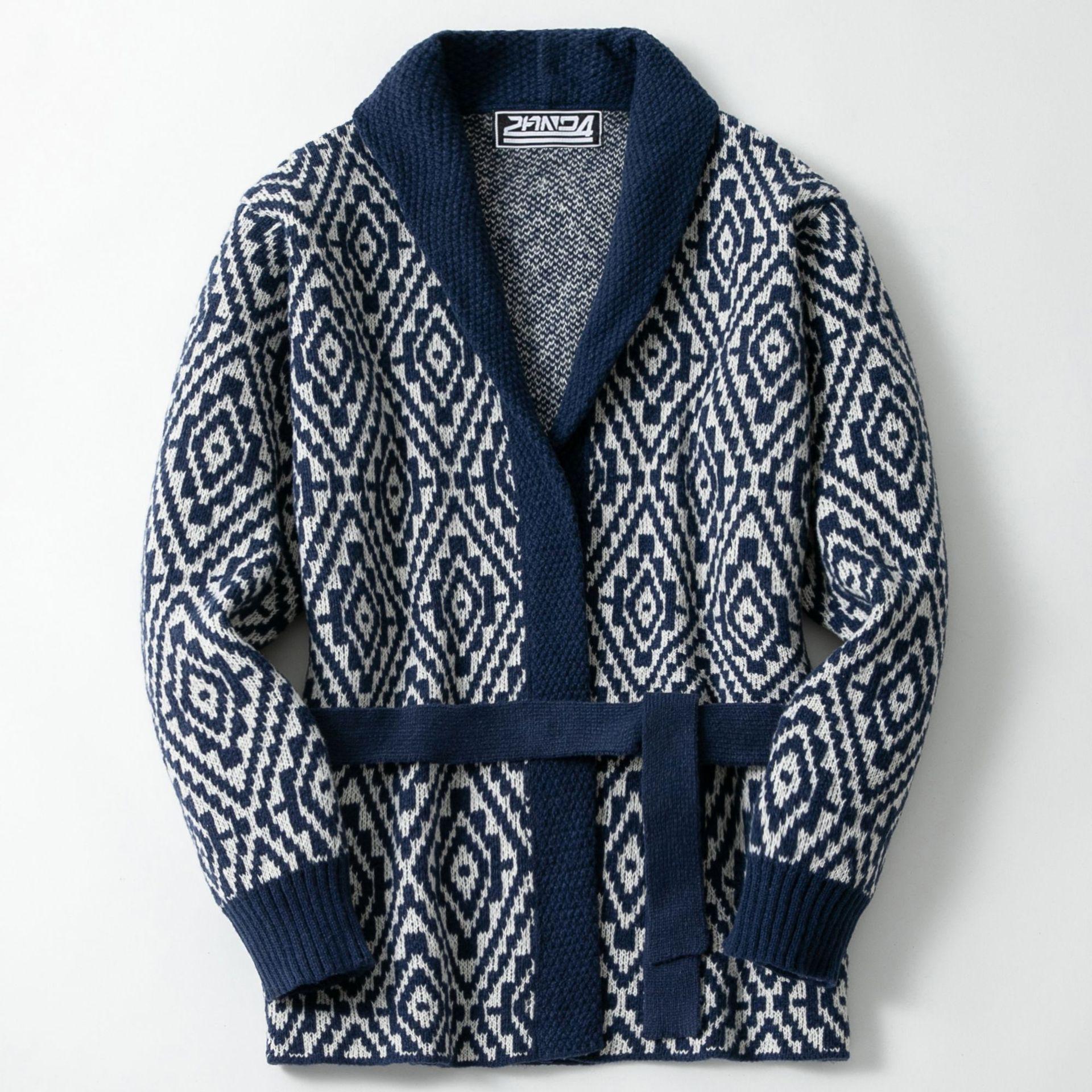 

Men s European & American Diamond Jacquard Woolen Coat - Thick Mid-Length Belted Cardigan Sweater for Autumn & Winter (SY0217) 2XL темно-синього кольору