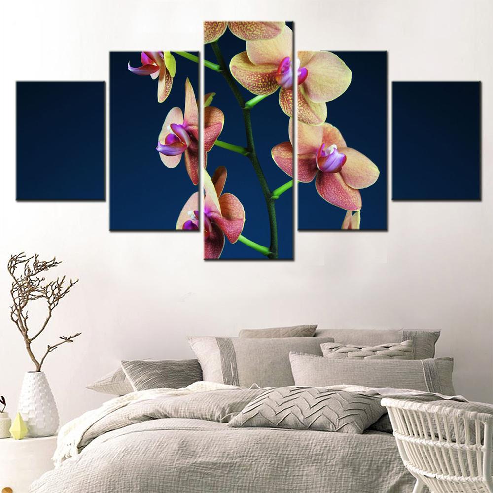 5 Stück Leinwand Wandkunst Blumen Orchideenblüten Blauer Hintergrund Tapete Modernes Zuhause Dekor Poster Kunstwerk Wohnzimmer Bild Kein Rahmen