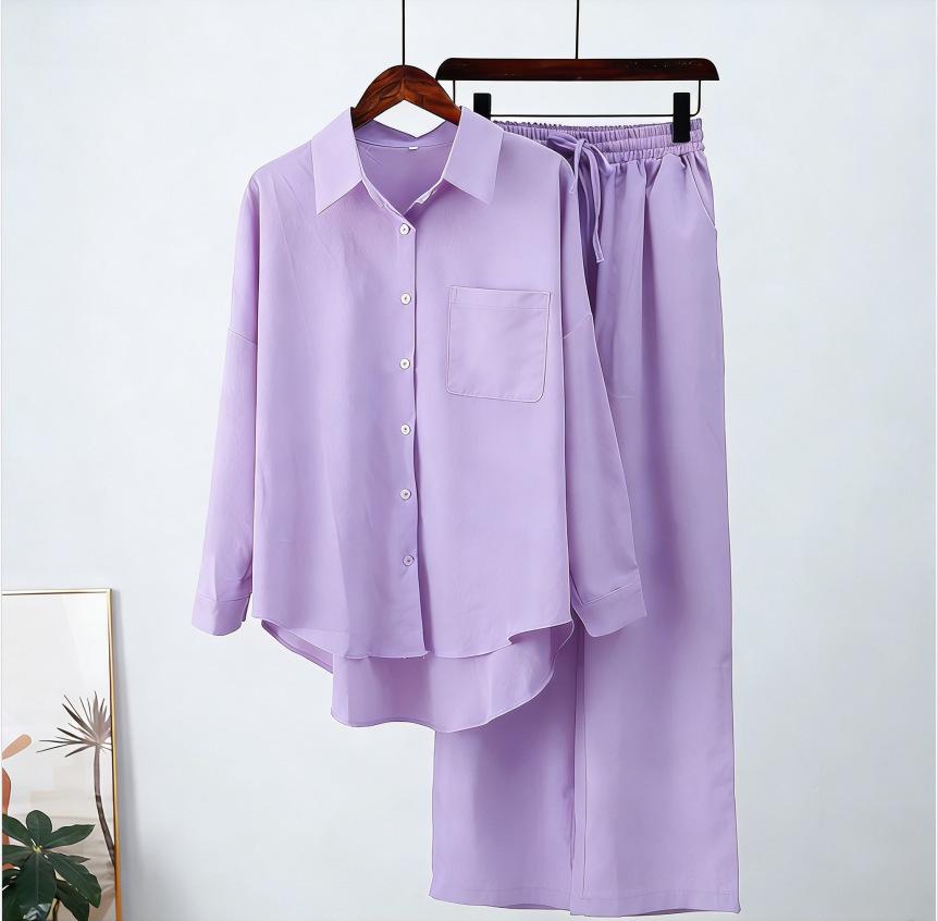 Lightweight Cotton Linen Wide-Leg Pants & Casual Loose Shirt Set - Plus Size, Spring/Autumn