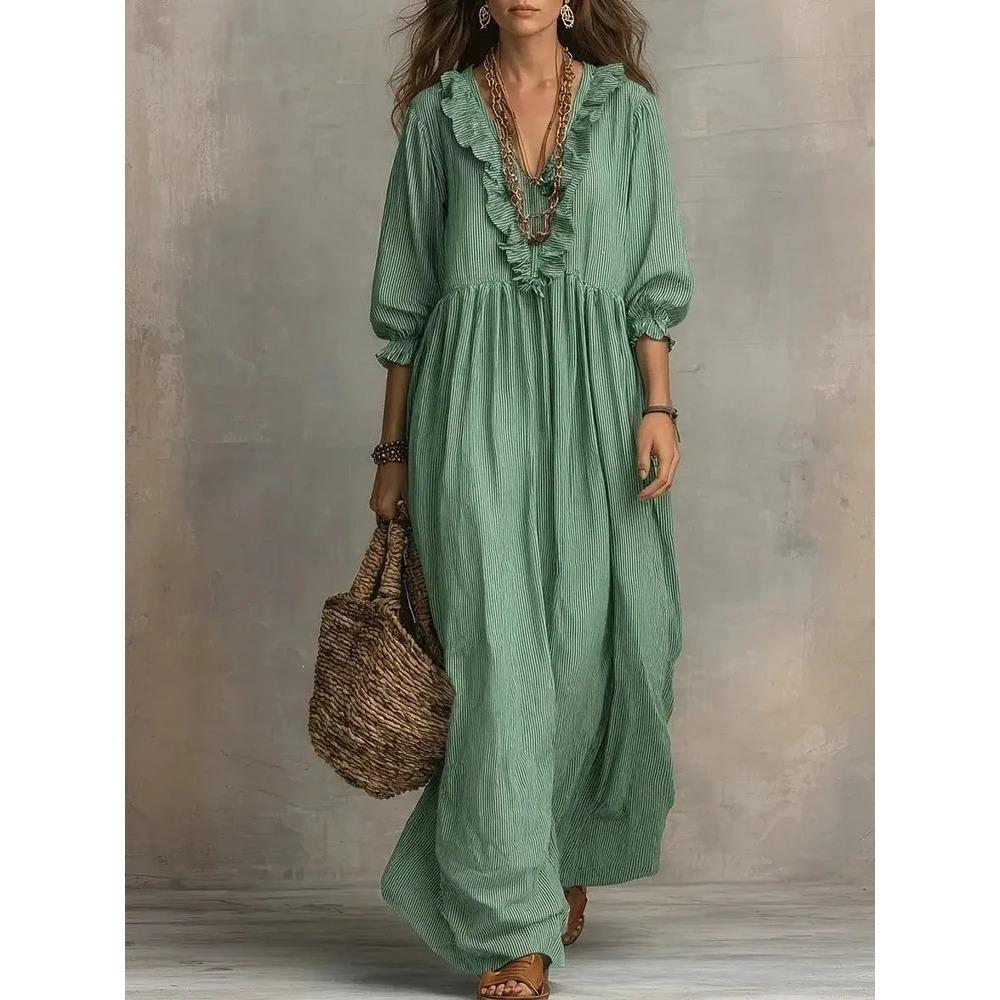 Abito Maxi da Donna a Righe con Volant e Scollo a V, Casual, Vestibilità Larga, Vita Alta, Lungo