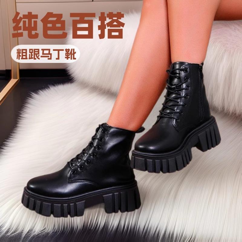 Short Martin Boots Women's Autumn and Winter 2025 New Korean Version Fashion Medium Tube Women's Shoes Platform-soled Lace-up Side Zipper Women's Boot