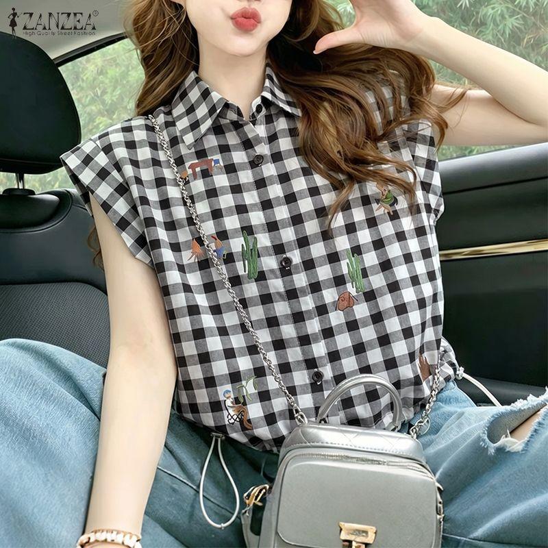 ZANZEA Women Casual Turn Down Collar Loose Short Sleeve Print Blouse