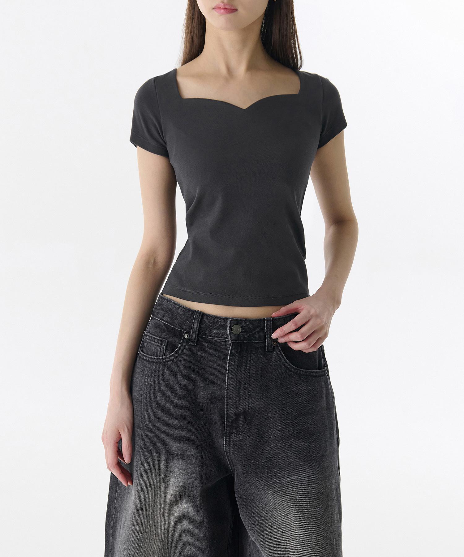 Musinsa Standard Woman Women S Slim Heart Neck T-Shirt [Dark Gray] Dark Gray/Xs