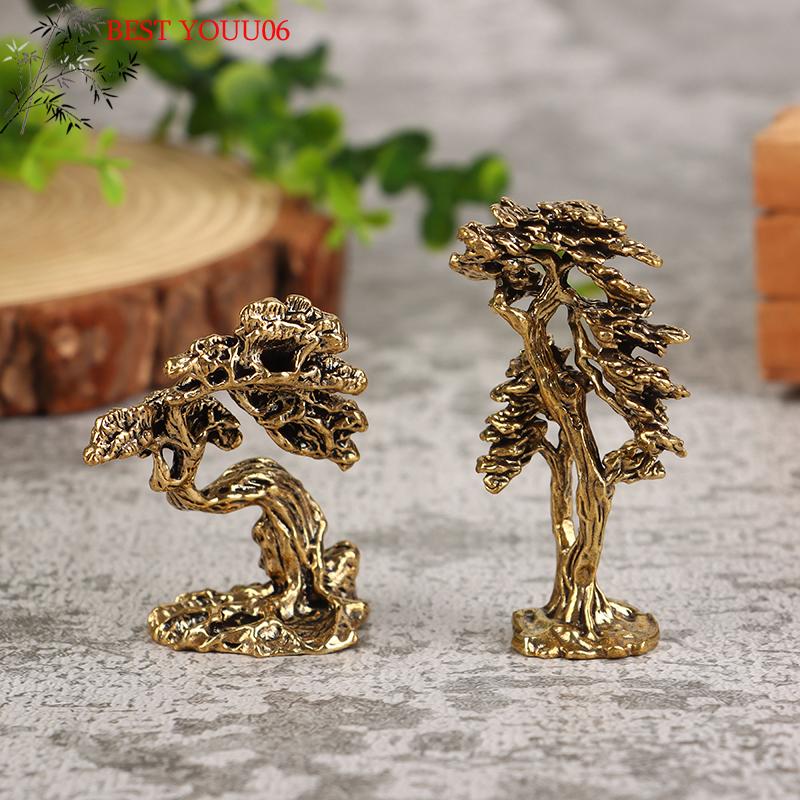 Hot 1Pc Brass Mini Welcome Pine Figurine Tree Miniature Landscape Small Bonsai Tree Statues Decorations Accessories