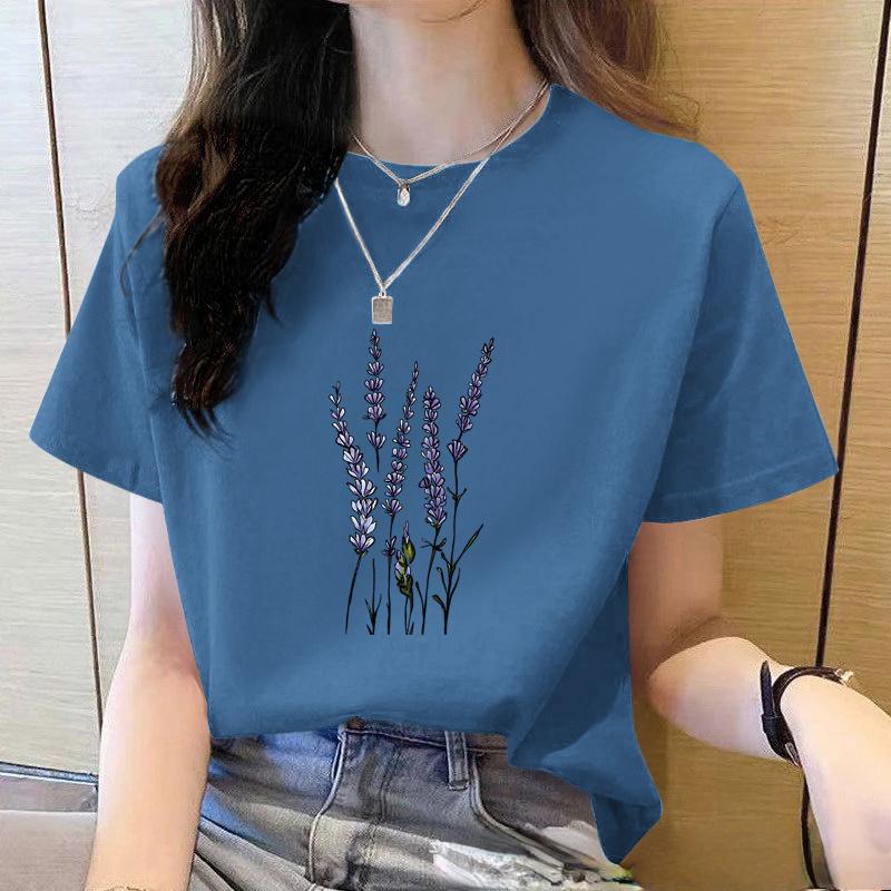 2025 Summer Loose Women's T-Shirt High Quality Lavender Pattern Printed Short Sleeve Women's Short Sleeve T-Shirt CCXX183