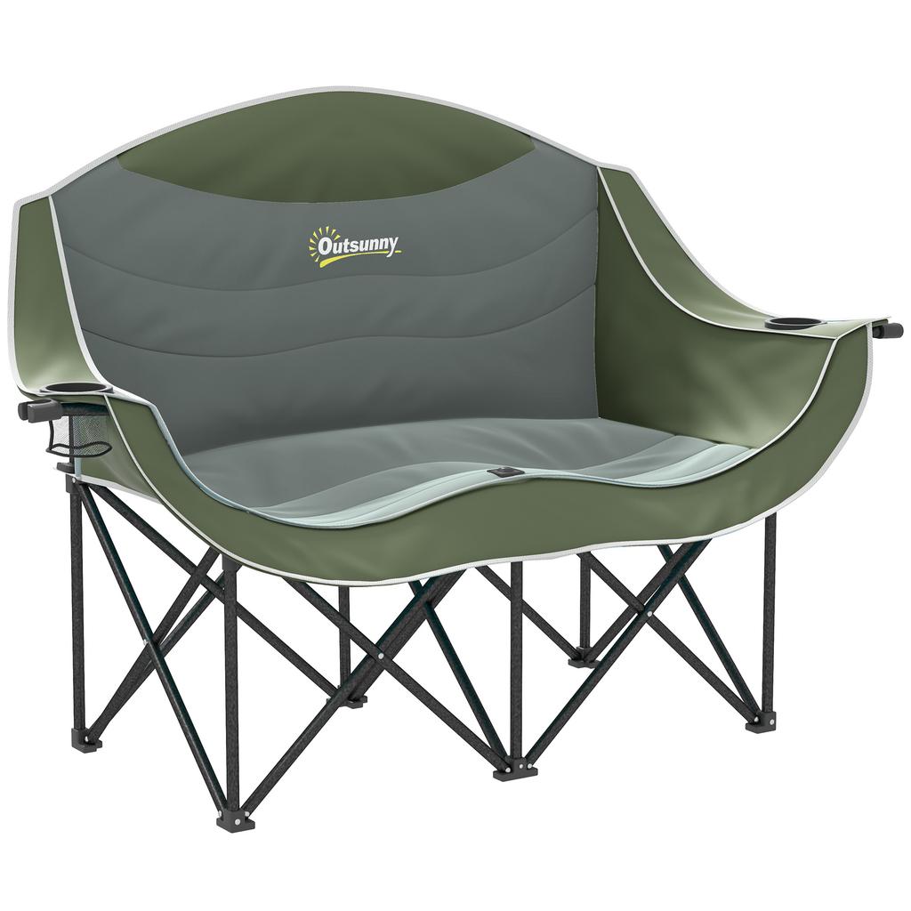 Folding Chair Foldable 2-Seater Camping Chair with Cup Holder Carry Bag up to 250kg Load Capacity Green