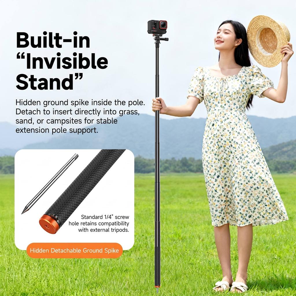 160cm/63" Invisible Selfie Stick for Insta360 X5/ X4 Air/Osmo 360 Camera Telescopic Extension Pole with GoPro Adapter 7
