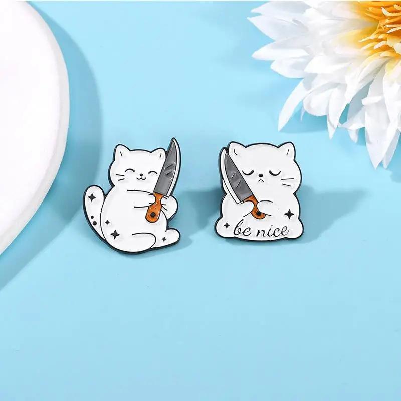 Cute Cartoon White Cat Small Knife Dagger Enamel Brooch Creative Animal Lapel Pin Badge Backpack Clothing Hat Accessories