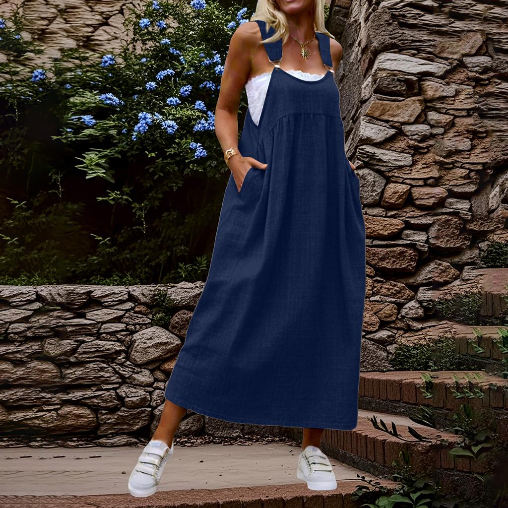 Women Sleeveless Solid Color Pinafore Dress Long Casual Loose Fit Adjustable Strap Maxi Dress with Pockets