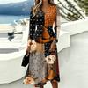 Women's Halloween Printed Long Sleeve V-Neck Dress with Pockets for Casual Everyday Wear