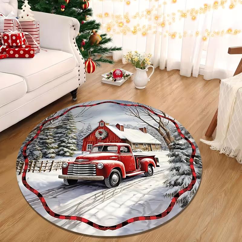 Round Christmas Area Rug Cute Reindeer Santa Hat Snowflake Print Non Slip Circular Carpet for Living Room Bedroom Holiday Decor
