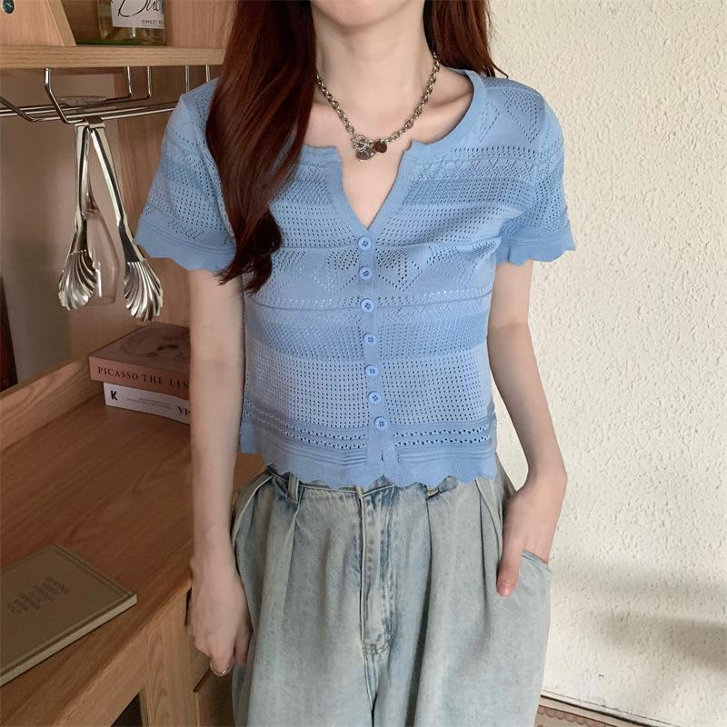 Verão Novo Feminino Pequeno Fresco Decote V Cintura Exposta Seção Curta Malha Vazada Manga Curta Cardigan Camiseta Tops Casuais Essenciais Slim Fit Pullovers Camisetas