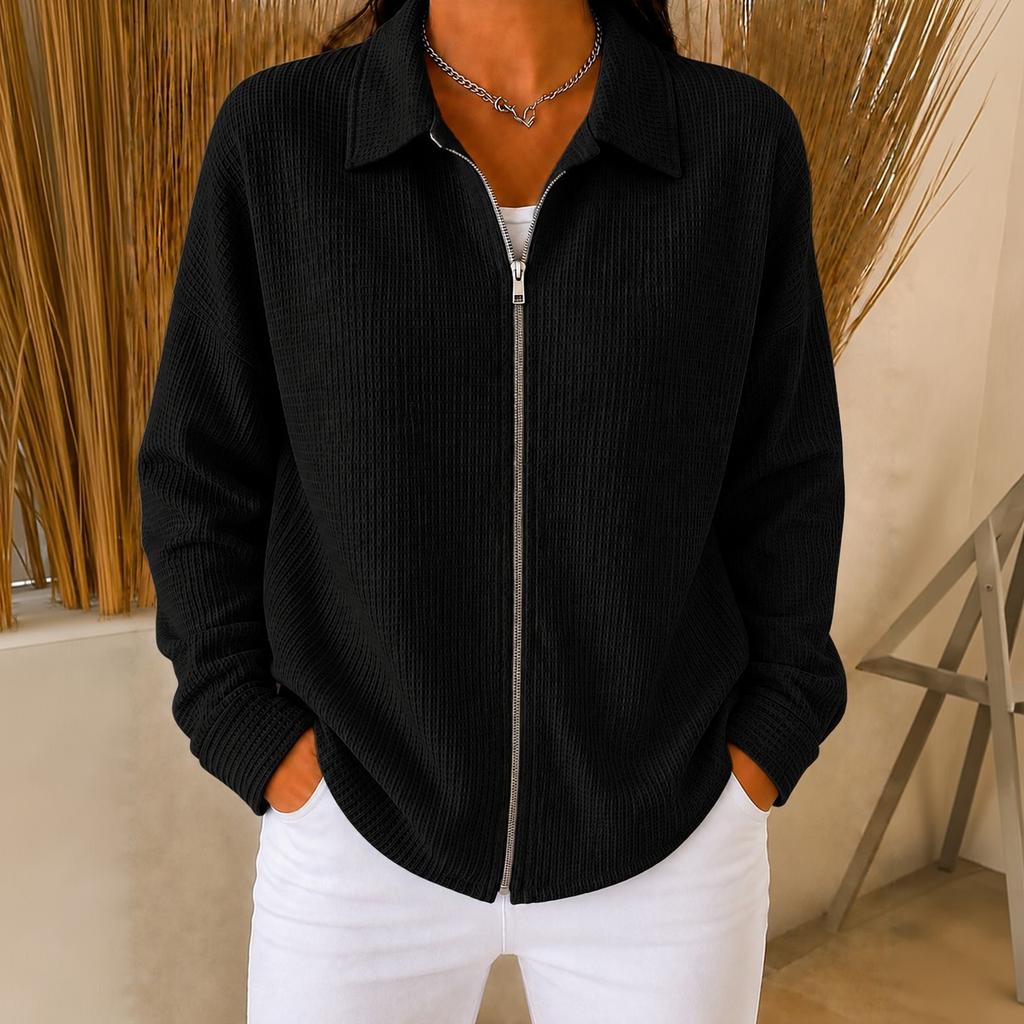 Women's Casual Long Sleeve Knit Zip Front Collar Loose Fit Jacket