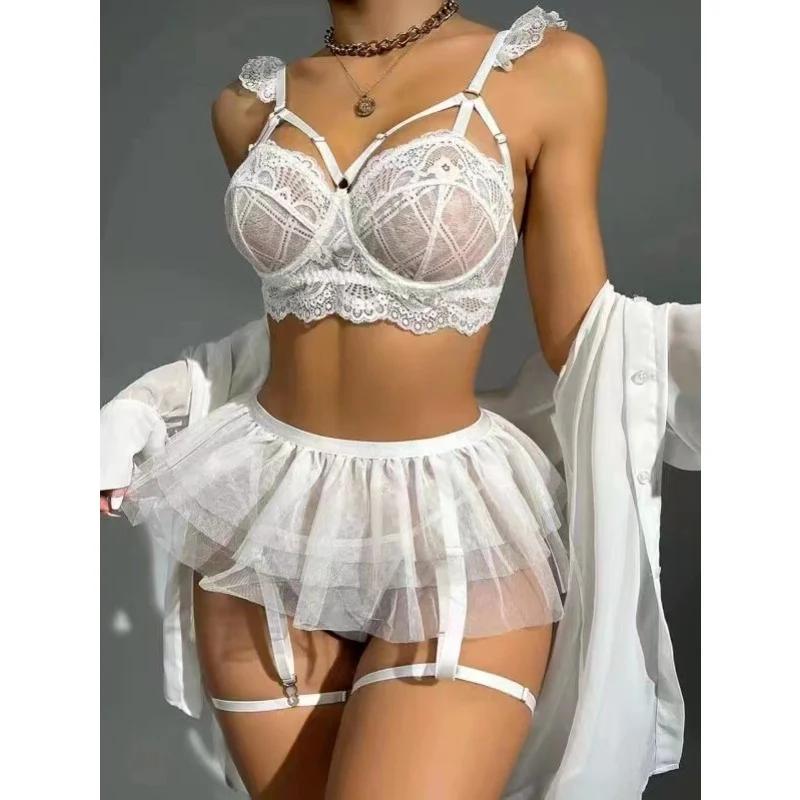 Lingerie For Women Mesh Skirts Bra G-String Garter Belt Porno Suit Ultrathin Bra & Briefs Sets Perspective Sensual Underwear
