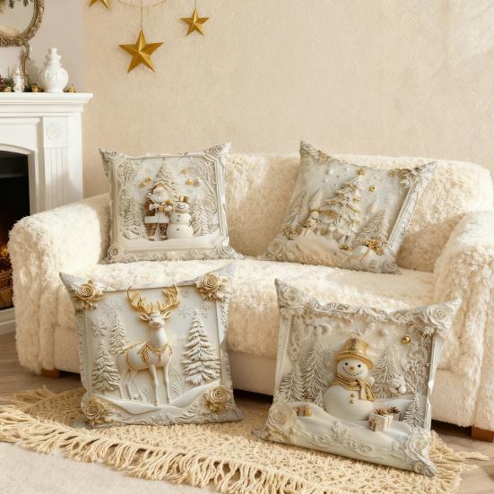 4Pcs Christmas Throw Pillow Cover White Santa Claus Snowman Xmas Tree Reindeer Cushion Cover Xmas Decorative Pillow Cover for Home Sofa Bed Couch
