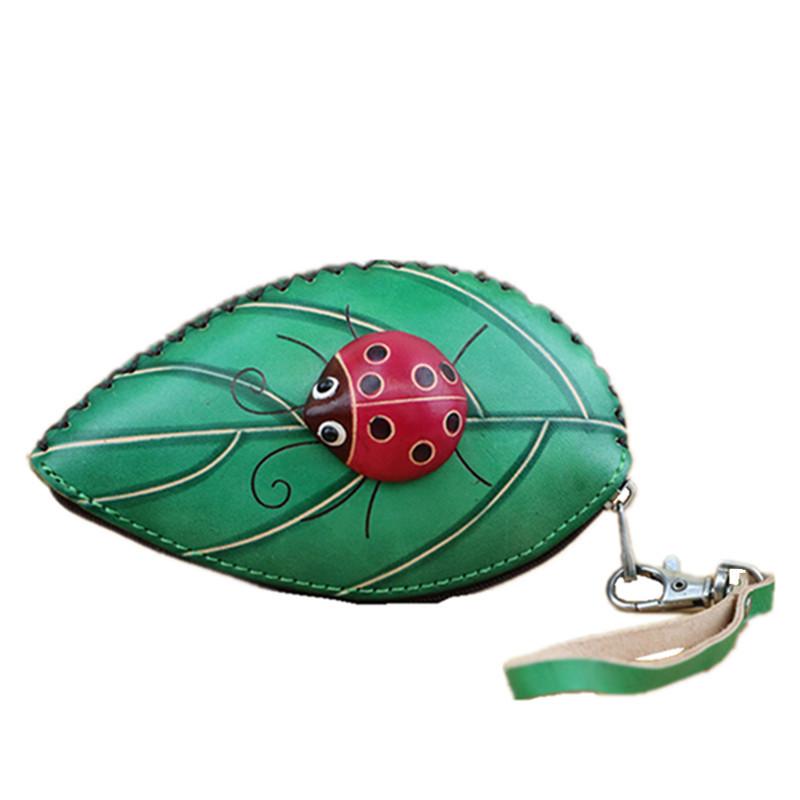 First Layer Cowhide Creative Tree Leaf Seven Star Ladybug Mini Change Bag Tree Leaf Key Bag Hand Bag Hand Bag