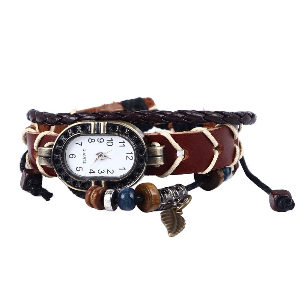 Vintage Wrap Bead Watch Woven Wrap Bead Leaf Bracelet Fashionable Quartz Wrist Watch for Men Women