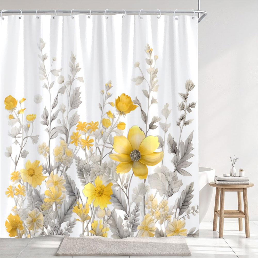 Simple Watercolour Floral Shower Curtain Blue Flower Yellow Grey Botanical Flower Polyester Fabric Shower Curtain Bathroom Decor