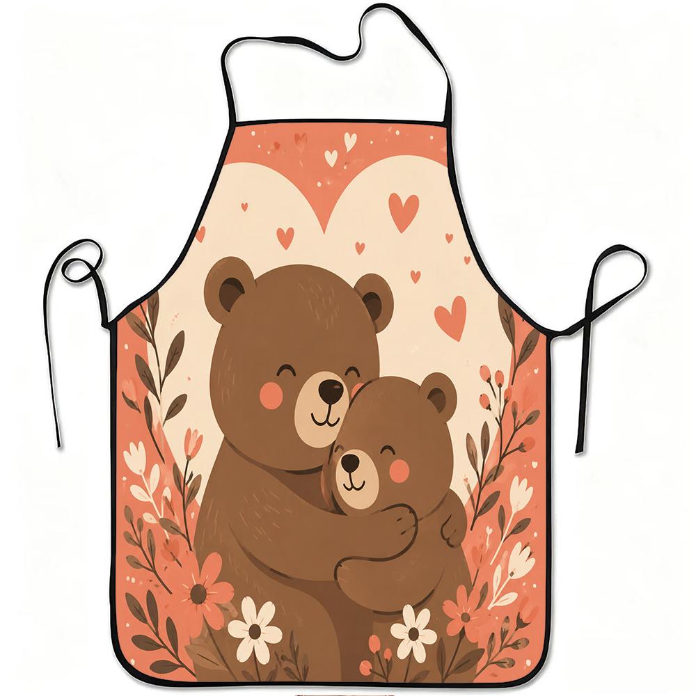 1pc Cute Bear Hug Floral Heart Print Apron, Durable And Easy to Clean, Adjustable Waistband, Polyester Material, for Kitchen Cooking, Gardening, Orcha