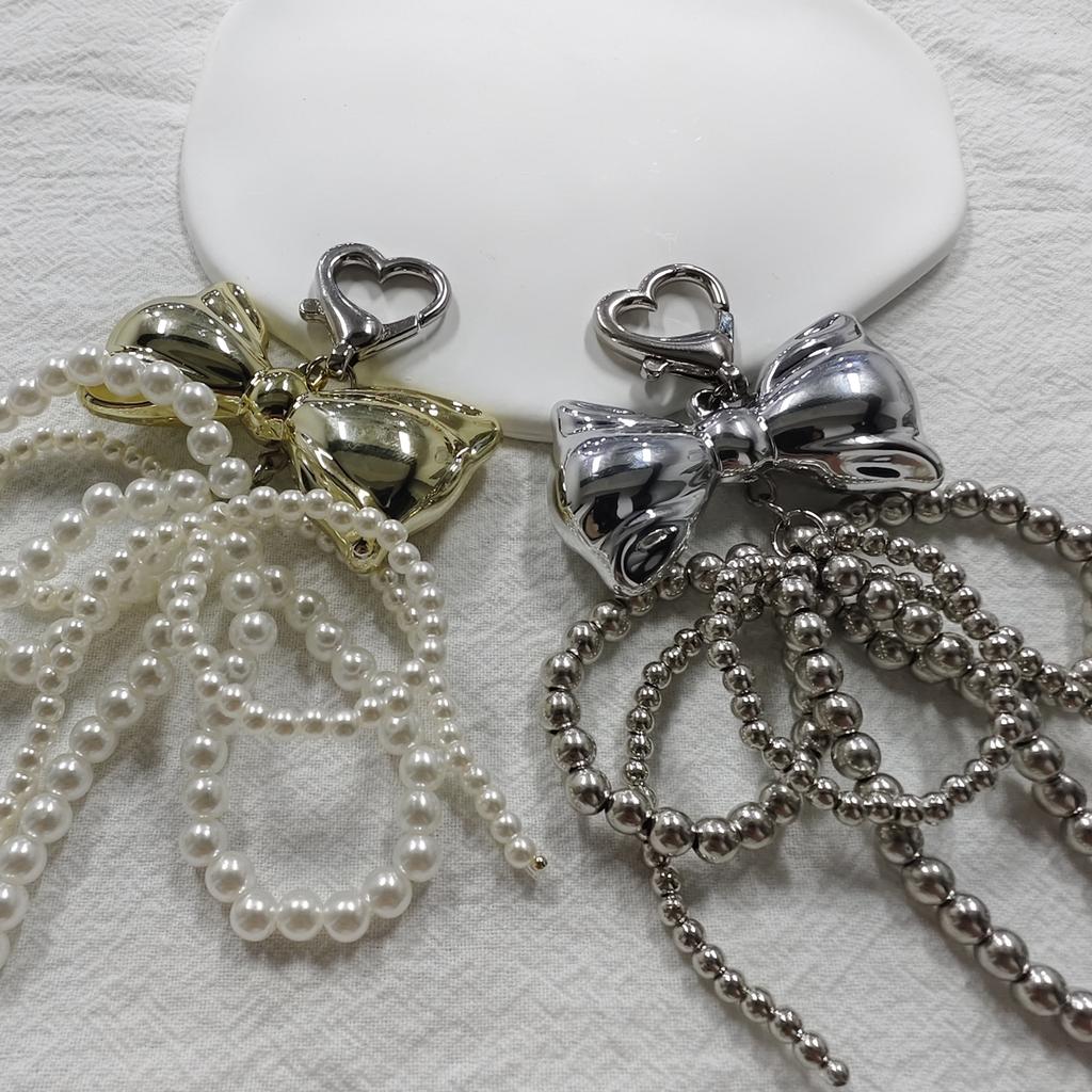 Elegant Pearl Bowknot Keychain Pendant Keyring Heart Charm Lovely Hanging Decorations for Purse Bag Backpack Handbag