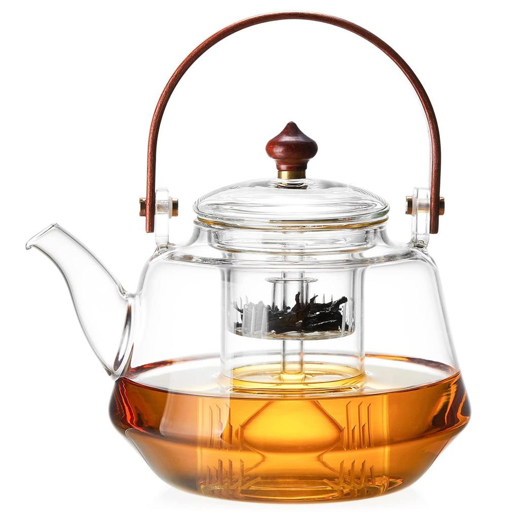 Pokaro Tea Morning Glory Design, Heat-Resistant Glass Teapot, Stylish, Stovetop-Safe, Borosilicate Glass Teapot with Two Detachable Strainers,