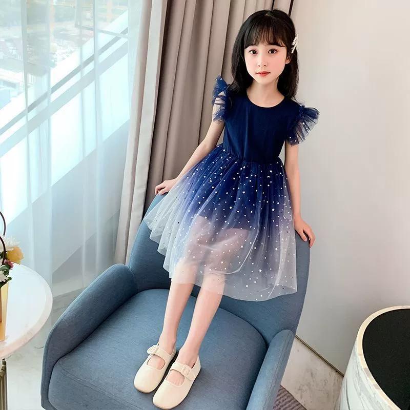 Girls Summer Star Gradient Short Sleeve Dress Cute and Pretty Skirt