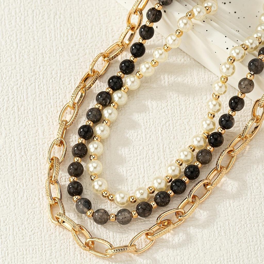 1 set of 3 golden yellow metal chains, black and white pearls, beaded temperament, party necklace, stylish