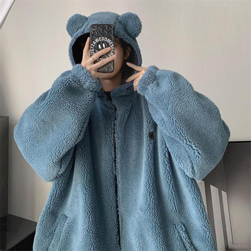 Men's Winter Thickened Plush Jacket Warm Hooded Top Windproof Warm Top Loose Coat