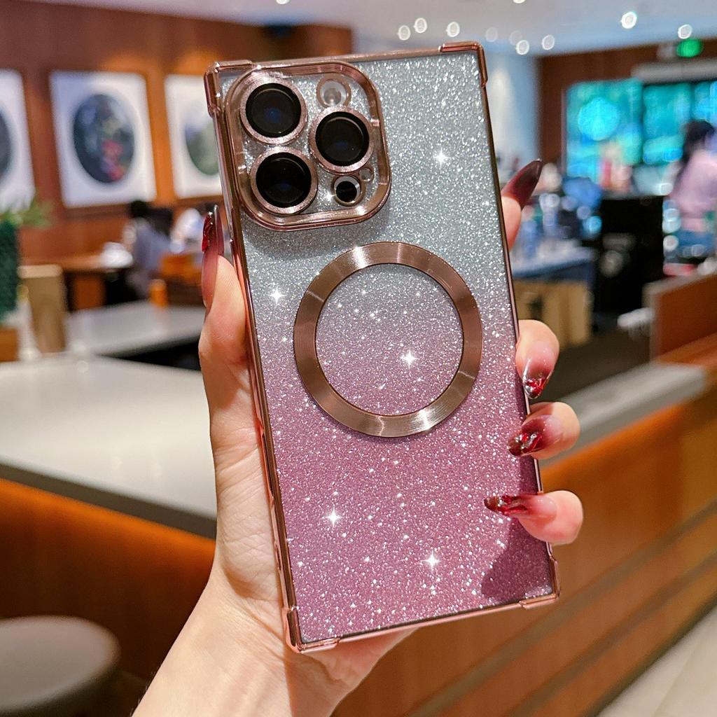 Electroplating right angle anti-drop magnetic glitter mobile phone case is suitable for Apple 16PRO advanced sense 14/13 protective cover fine hole