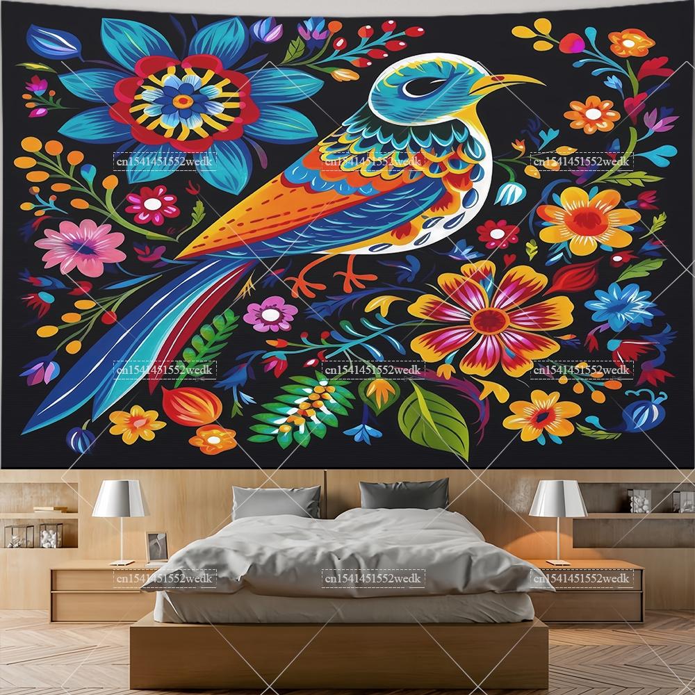 Mexiko Blumenteppich Mexikanische Pflanze Blumen Stickerei Ethnisch Otomi Vögel Wandteppiche Ästhetische Raumdeko Illustrationen Hintergrund