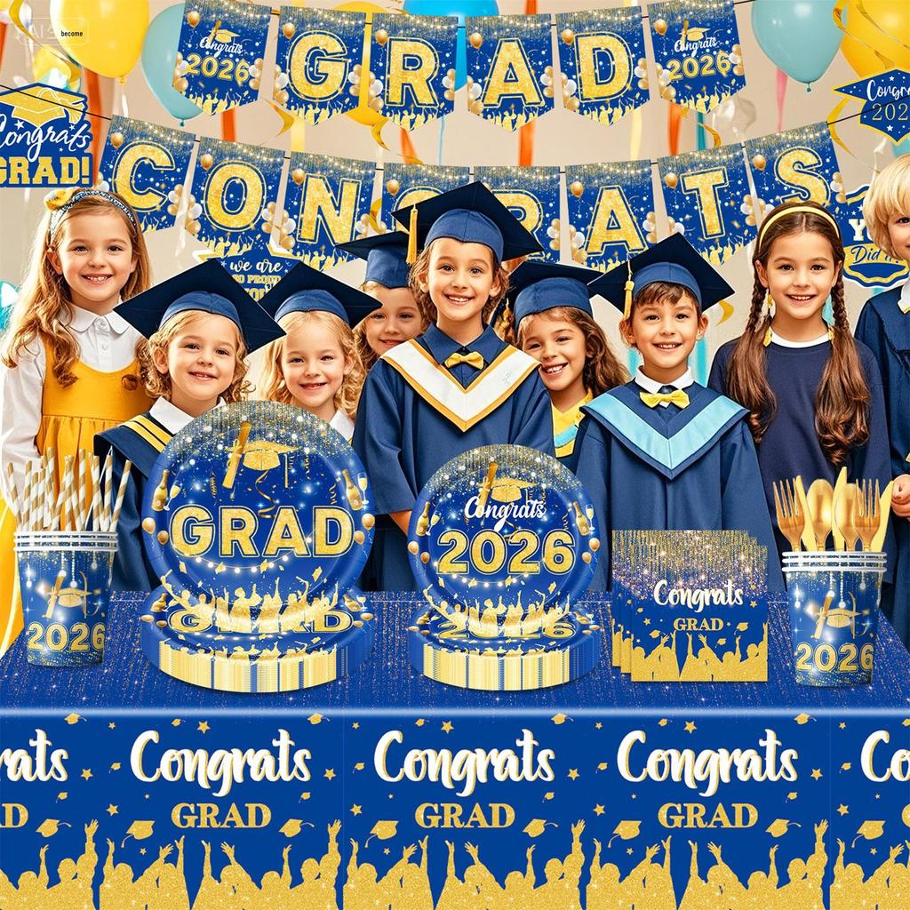 2026 Graduation Blue & Gold Party Supplies: Plates, Napkins & Flags