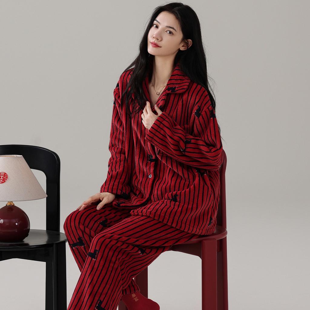 Coral Fleece Red Wedding Pajamas Newlywed Couple Suit Autumn And Winter Thickened Flannel Natal Year Loungewear For Men And Women