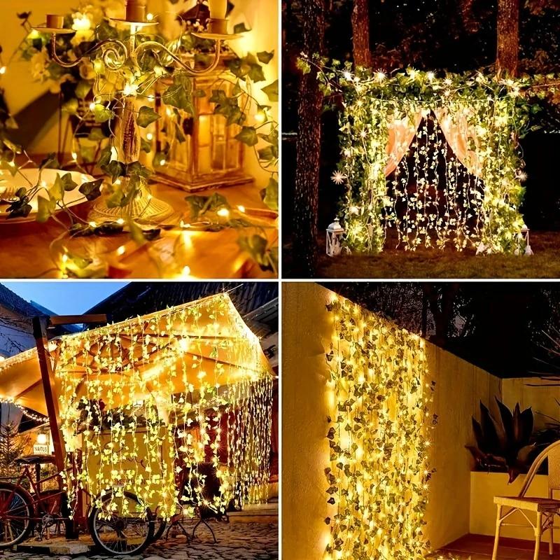 Green Leaves, Vines, Green Vines, LED Lights, Copper Wire Maple Leaf Decorative Lights, Solar String Lights