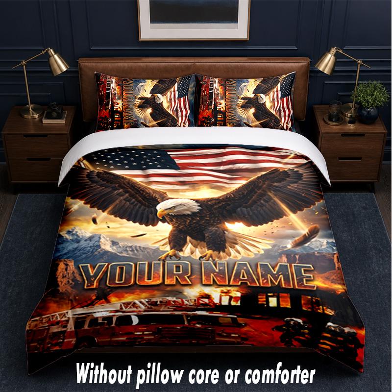 Fire Truck Theme Custom Text Or Name 3Pcs Bedding Set,1 Flat Sheet & 2 Pillowcases Personalized Home Bedding